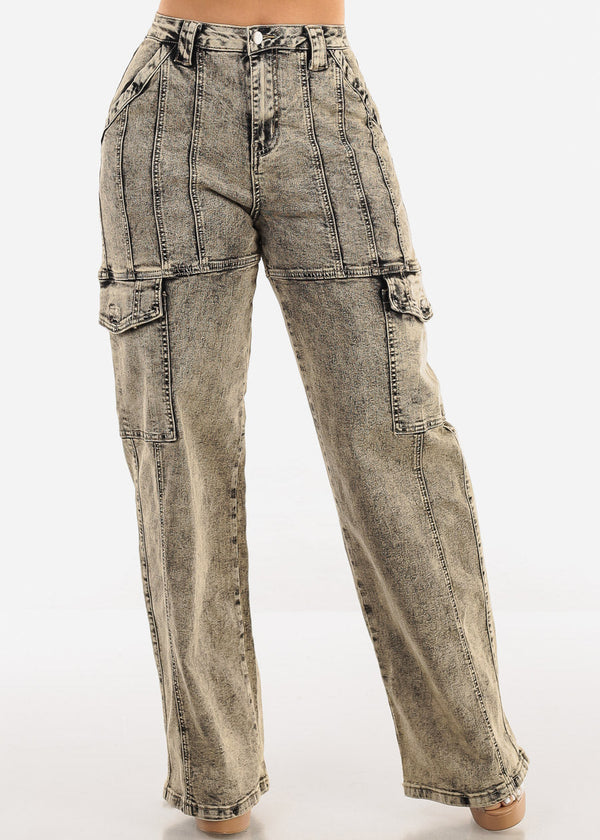 High Waist Straight Wide Leg Cargo Jeans Acid Wash