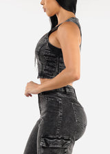 Sleeveless Distressed Acid Wash Denim Vest Black