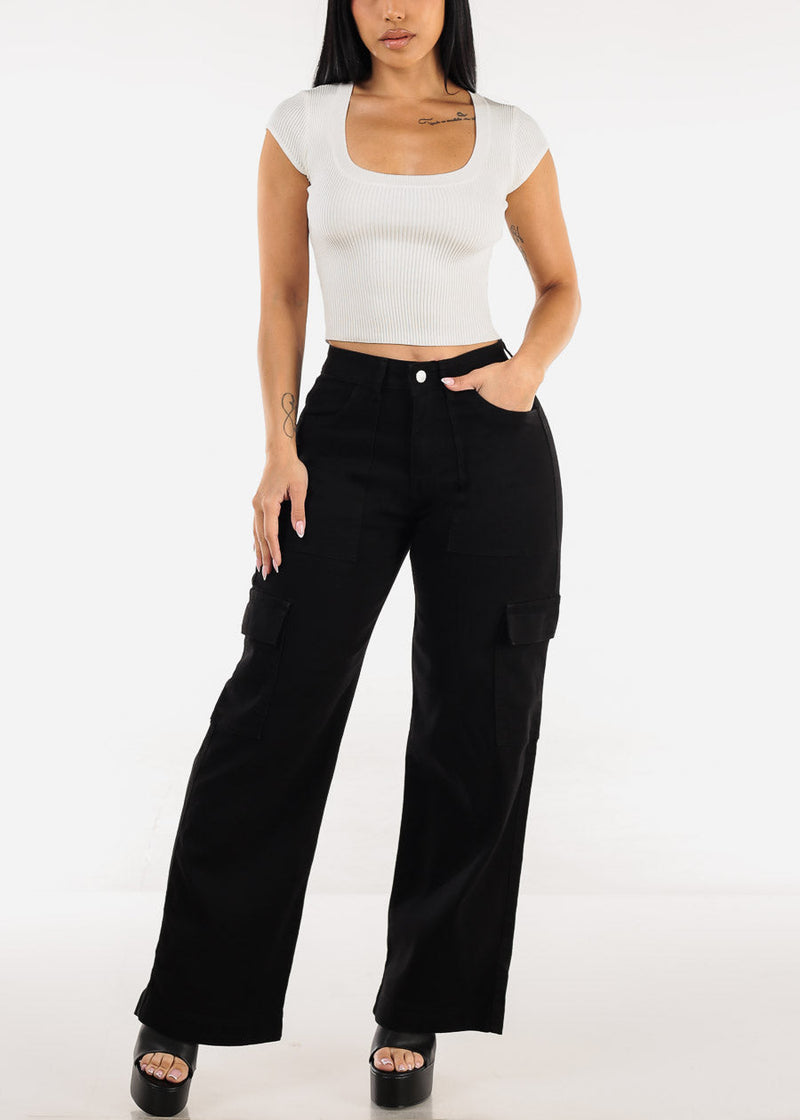 Butt Lift Stretchy Straight Wide Leg Cargo Jeans Black