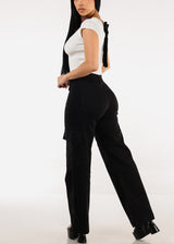 Butt Lift Stretchy Straight Wide Leg Cargo Jeans Black