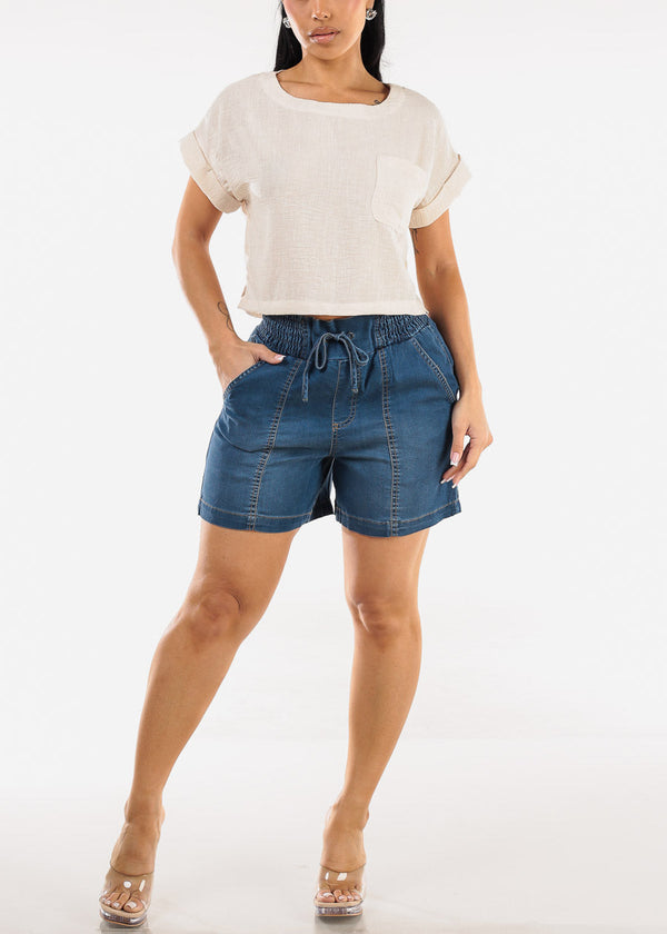Smocked Spandex Waist Denim Short med Blue
