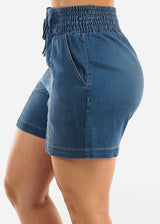 Smocked Spandex Waist Denim Short med Blue