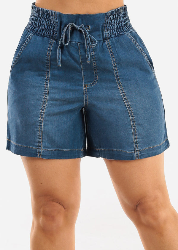 Smocked Spandex Waist Denim Short med Blue