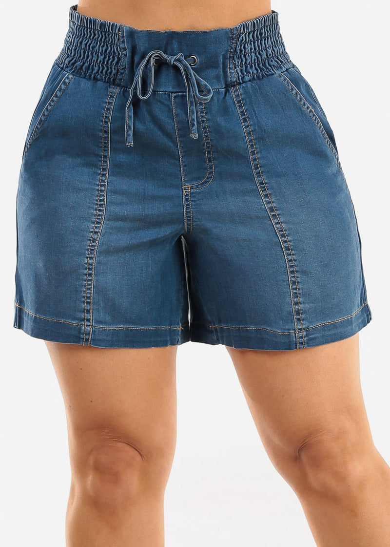 Smocked Spandex Waist Denim Short med Blue