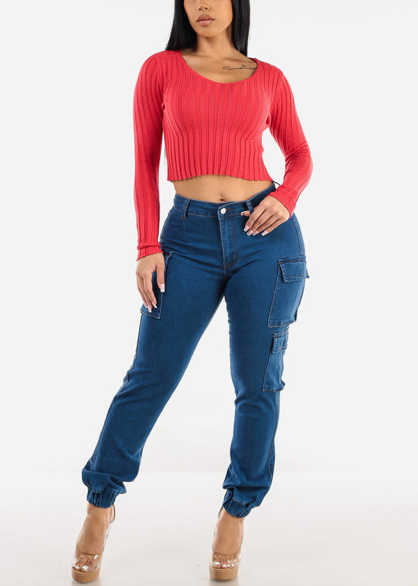 Butt Lift High Waisted Cargo Jogger Jeans Indigo