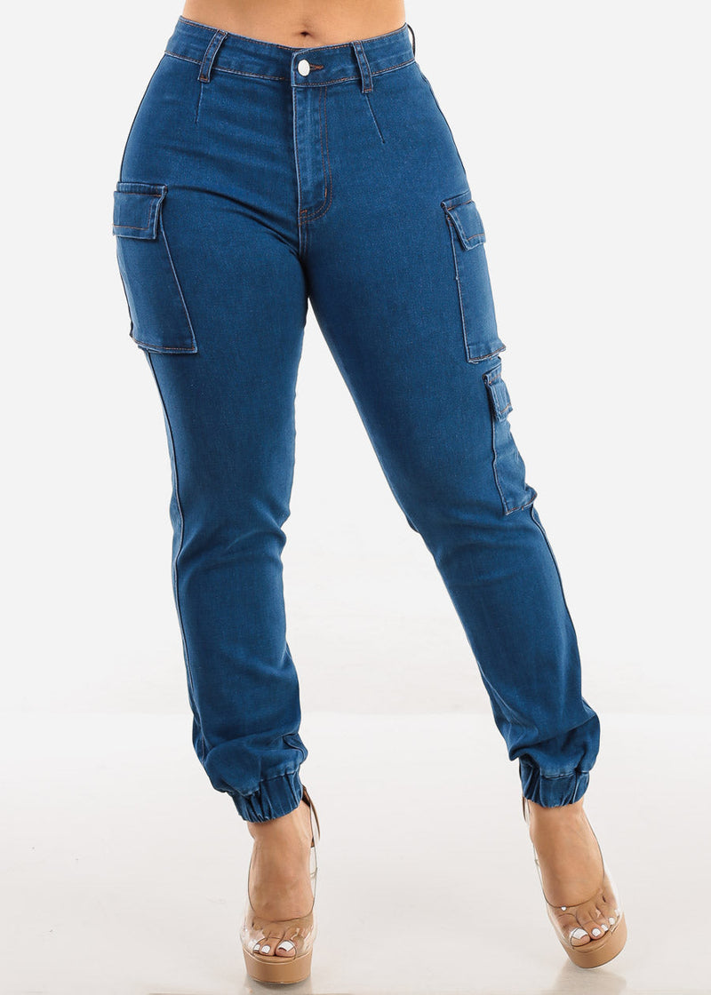 Butt Lift High Waisted Cargo Jogger Jeans Indigo