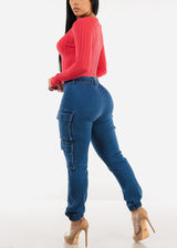Butt Lift High Waisted Cargo Jogger Jeans Indigo