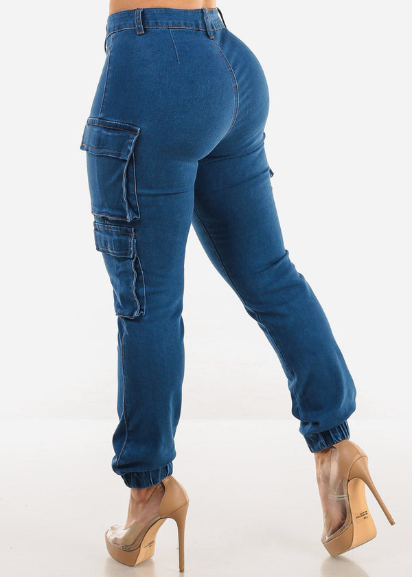 Butt Lift High Waisted Cargo Jogger Jeans Indigo