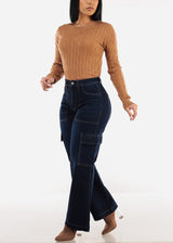 Butt Lift Straight Wide Leg Cargo Jeans Dark Blue