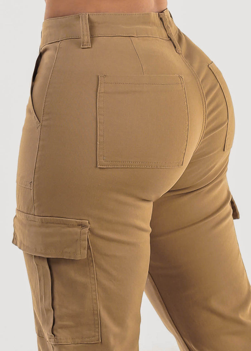 Butt Lift Mid Rise Straight Wide Leg Cargo Pants Khaki