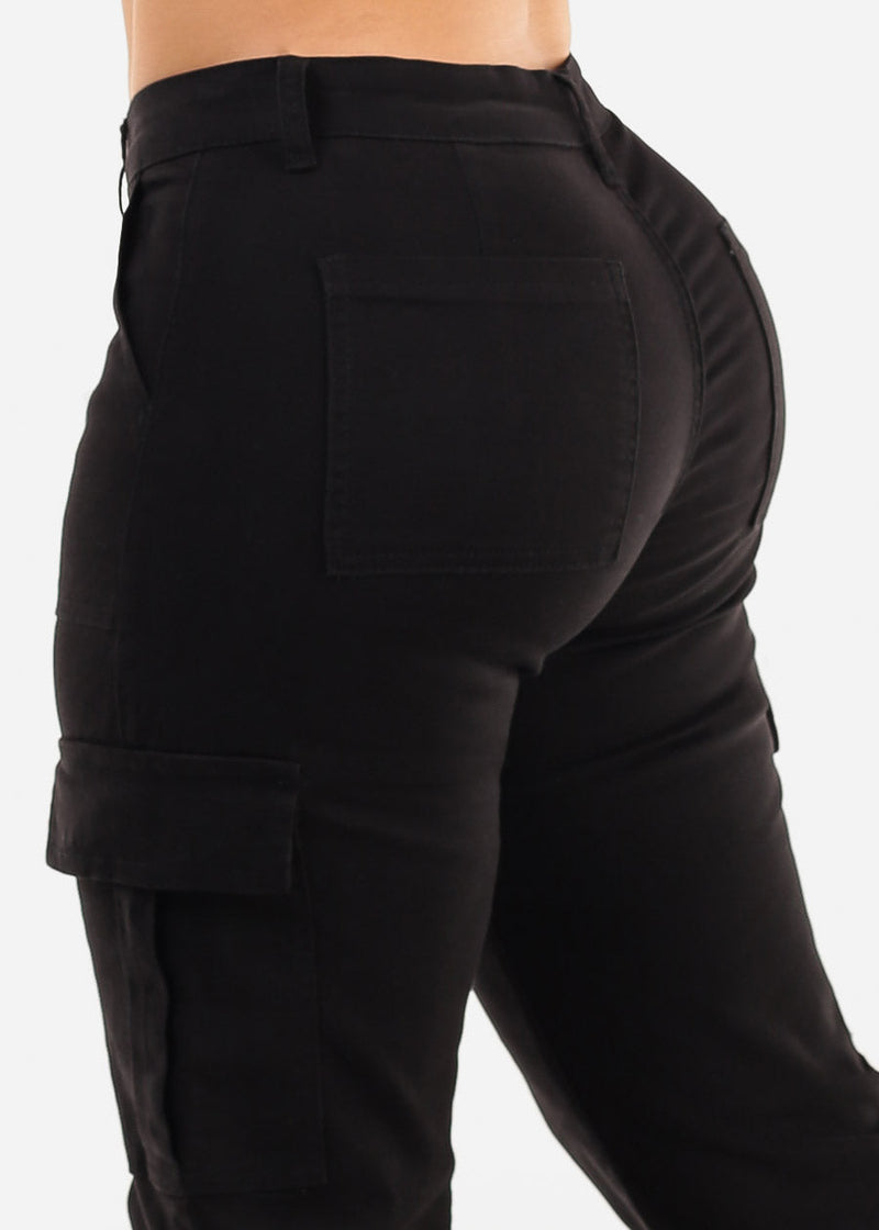 Butt Lift Mid Rise Straight Wide Leg Cargo Pants Black