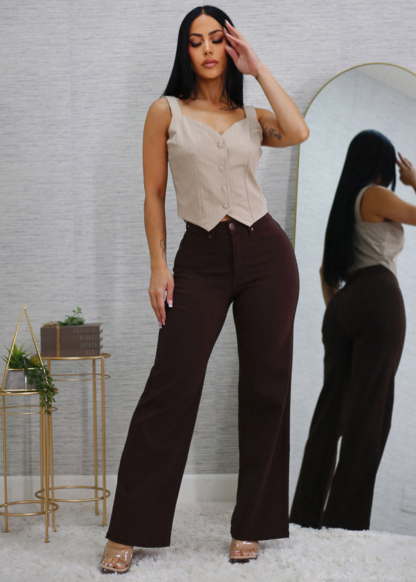 High Waist Hyper Stretch Wide Leg Pants Brown