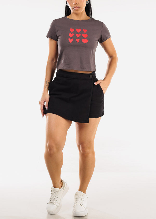 High Waist Wrap Front Denim Skort Black