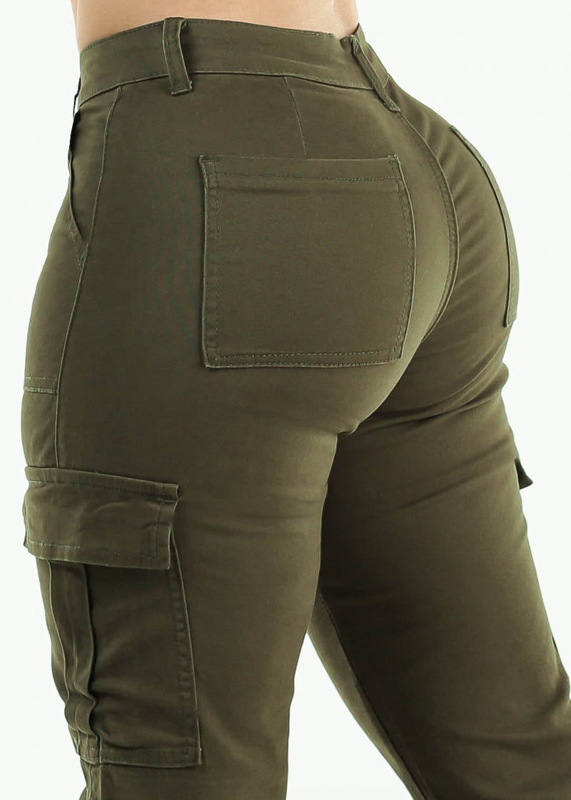 Butt Lift Mid Rise Straight Wide Leg Cargo Pants Olive