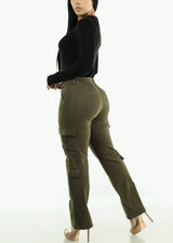 Butt Lift Mid Rise Straight Wide Leg Cargo Pants Olive
