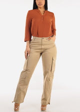 Super High Waist Straight Wide Leg Cargo Jeans Khaki