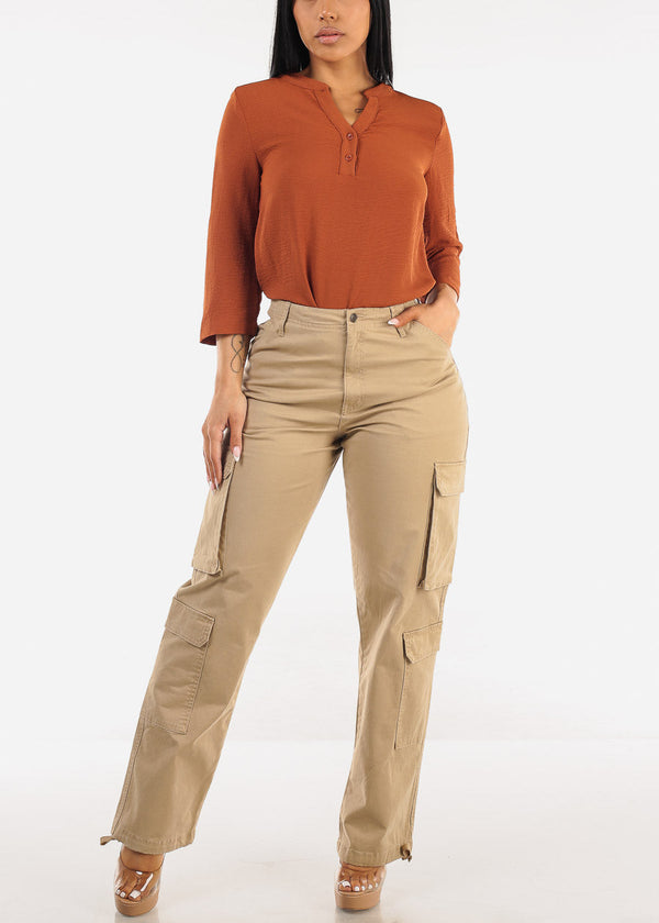 Super High Waist Straight Wide Leg Cargo Jeans Khaki