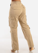 Super High Waist Straight Wide Leg Cargo Jeans Khaki