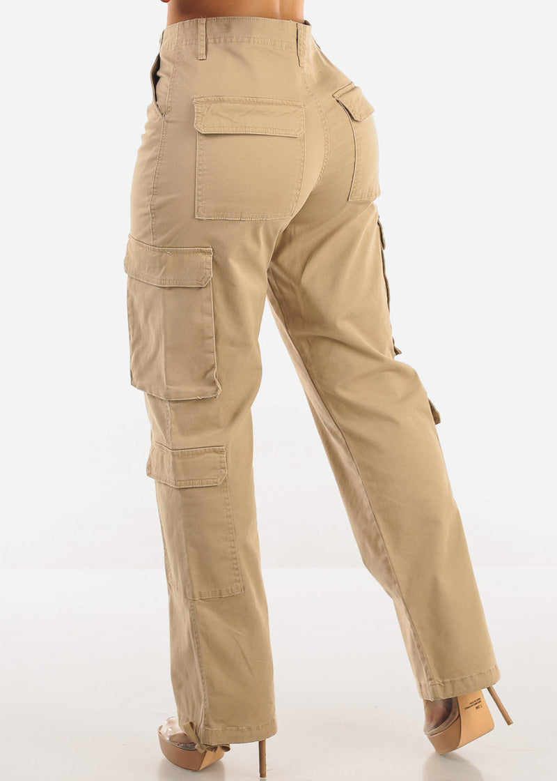 Super High Waist Straight Wide Leg Cargo Jeans Khaki