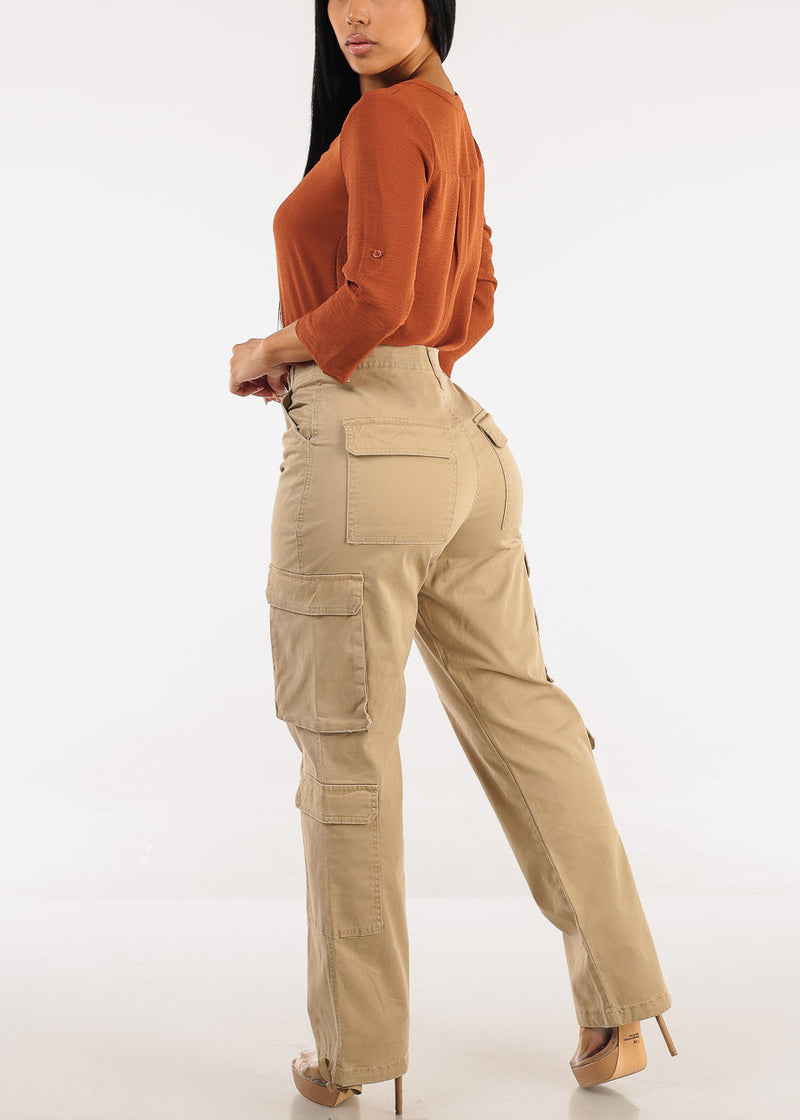 Super High Waist Straight Wide Leg Cargo Jeans Khaki