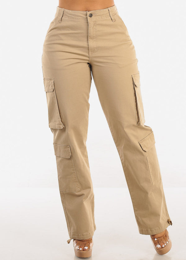 Super High Waist Straight Wide Leg Cargo Jeans Khaki