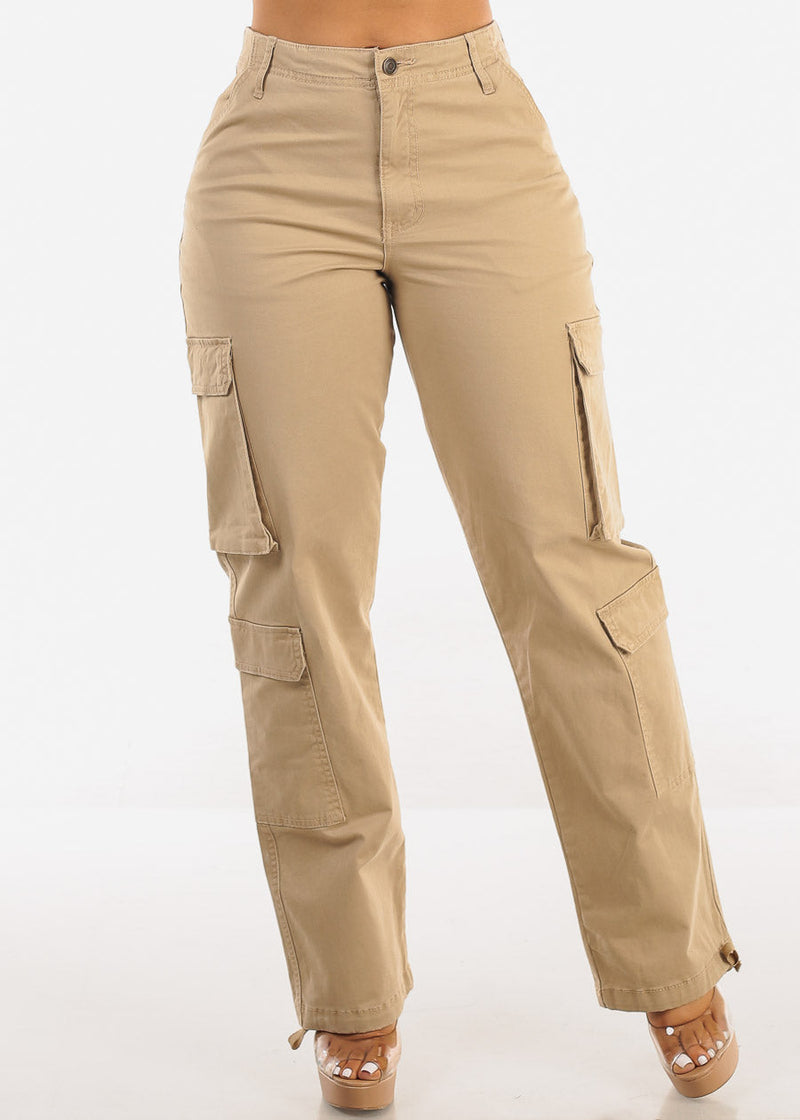 Super High Waist Straight Wide Leg Cargo Jeans Khaki