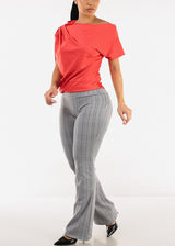 Asymmetrical Neck Pleated Satin Stretchy Blouse Red Orange