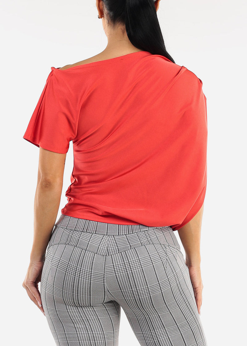 Asymmetrical Neck Pleated Satin Stretchy Blouse Red Orange