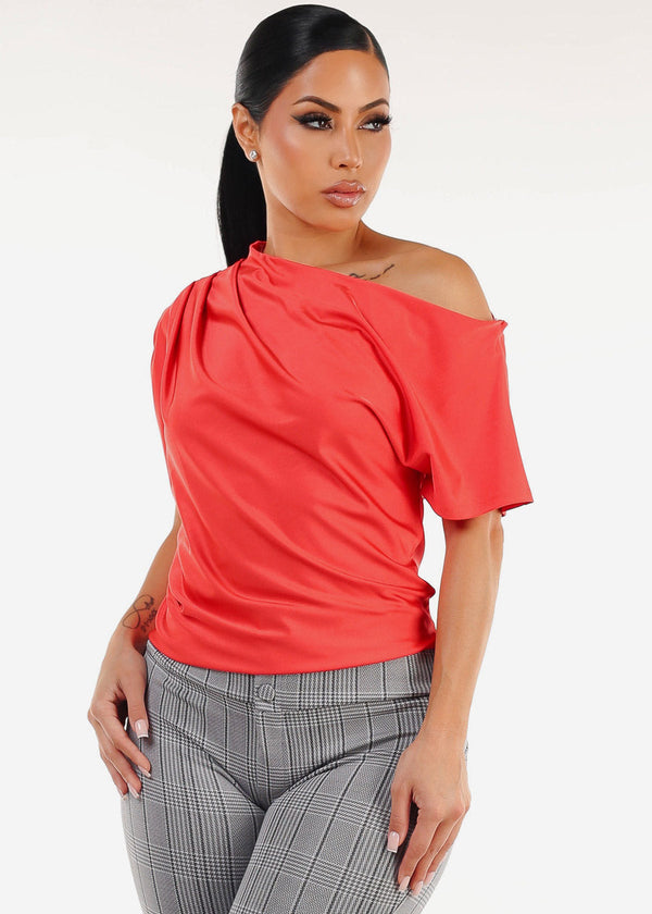Asymmetrical Neck Pleated Satin Stretchy Blouse Red Orange