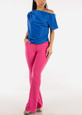 Asymmetrical Neck Pleated Satin Stretchy Blouse Blue