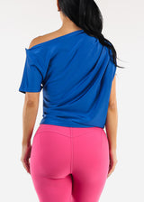Asymmetrical Neck Pleated Satin Stretchy Blouse Blue