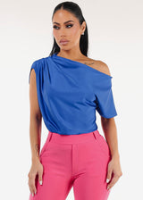 Asymmetrical Neck Pleated Satin Stretchy Blouse Blue