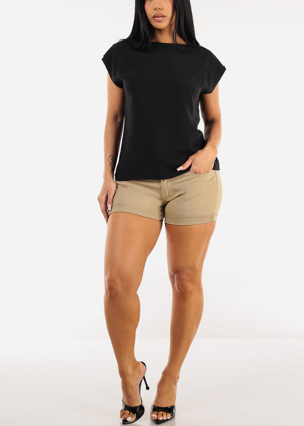 Black Cap Sleeve Crewneck Blouse