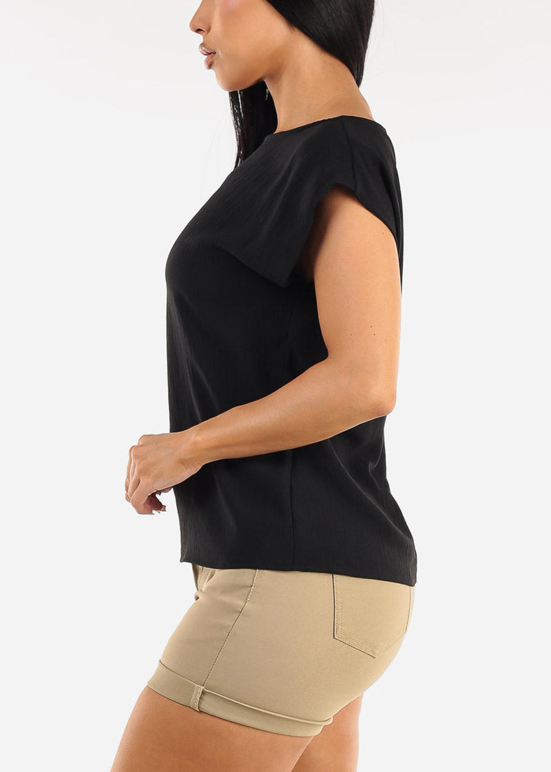 Black Cap Sleeve Crewneck Blouse