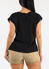Black Cap Sleeve Crewneck Blouse