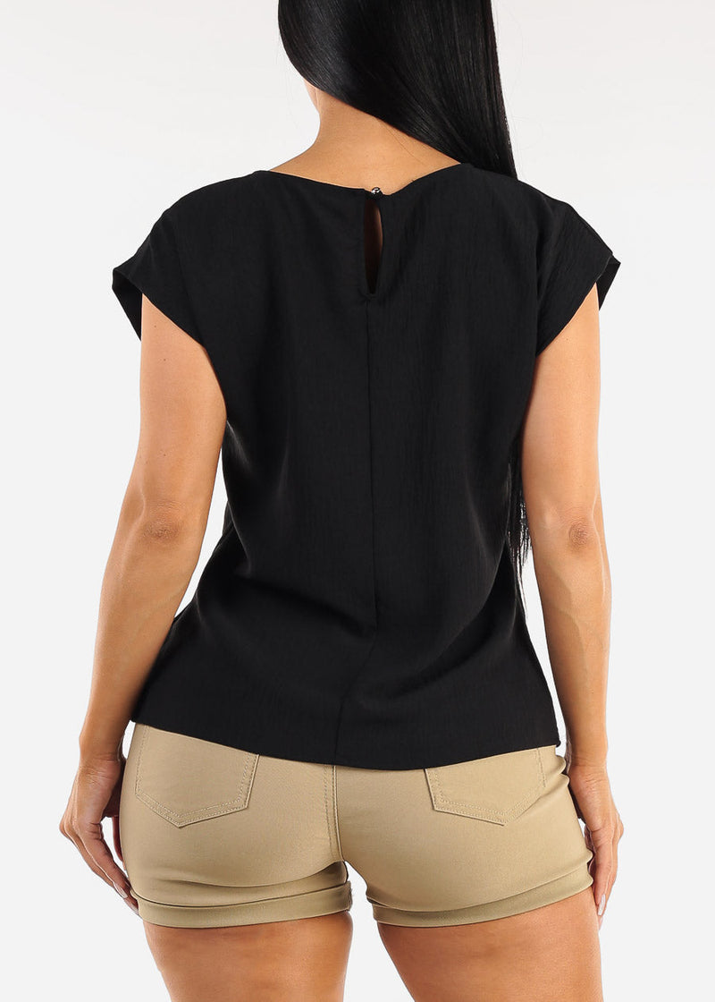 Black Cap Sleeve Crewneck Blouse