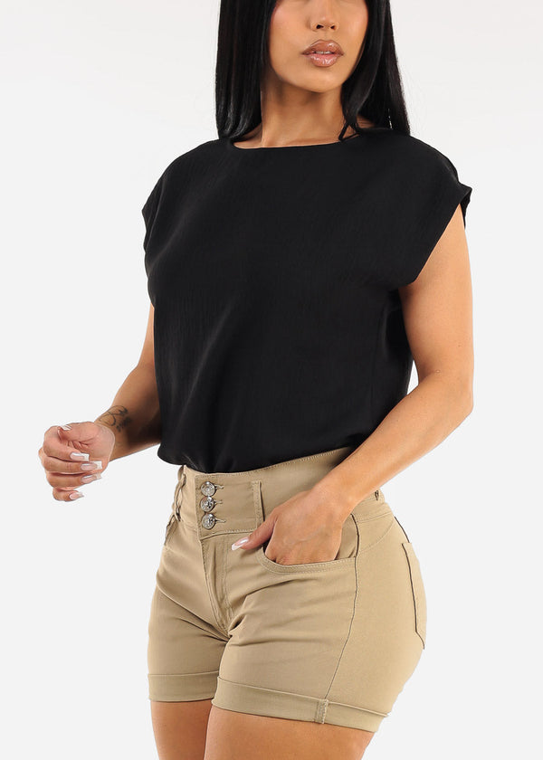 Black Cap Sleeve Crewneck Blouse