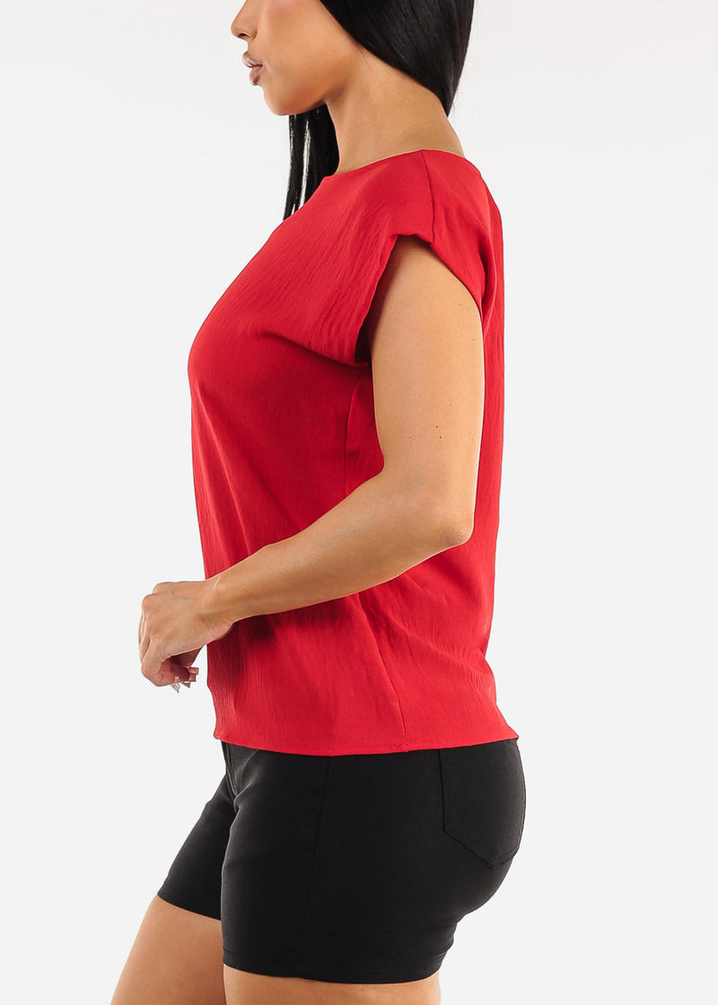 Cap Sleeve Crewneck Blouse Red
