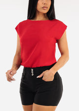 Cap Sleeve Crewneck Blouse Red