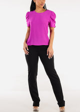 Short Puff Sleeve Round Neck Blouse Purple
