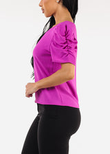 Short Puff Sleeve Round Neck Blouse Purple