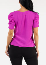 Short Puff Sleeve Round Neck Blouse Purple