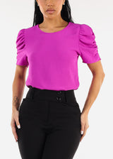 Short Puff Sleeve Round Neck Blouse Purple