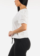 Short Puff Sleeve White Round Neck Blouse
