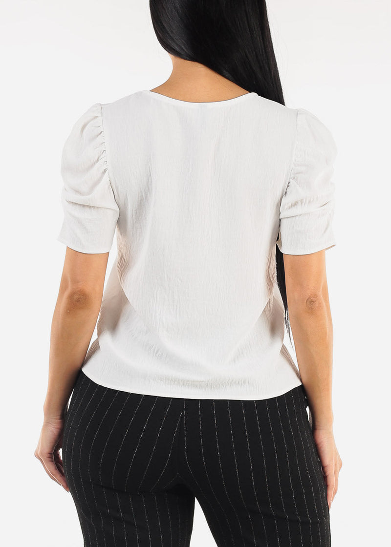 Short Puff Sleeve White Round Neck Blouse