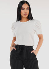 Short Puff Sleeve White Round Neck Blouse