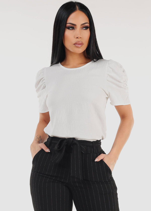 Short Puff Sleeve White Round Neck Blouse