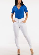 Short Sleeve Surplice Stretch Blouse Royal Blue