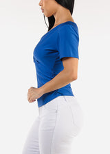 Short Sleeve Surplice Stretch Blouse Royal Blue