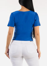 Short Sleeve Surplice Stretch Blouse Royal Blue